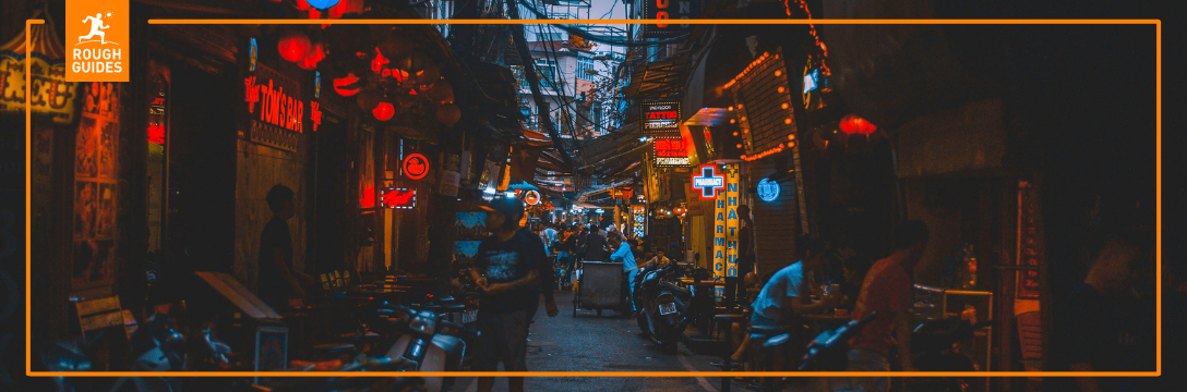 Bustling city alleyways at night in Vietnam